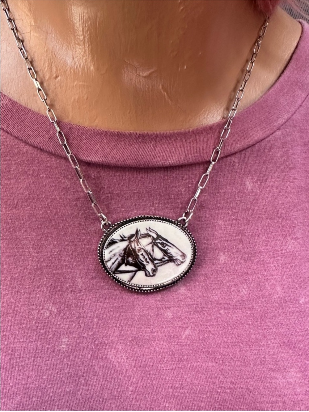 Painted Double horse pendant silver necklace western